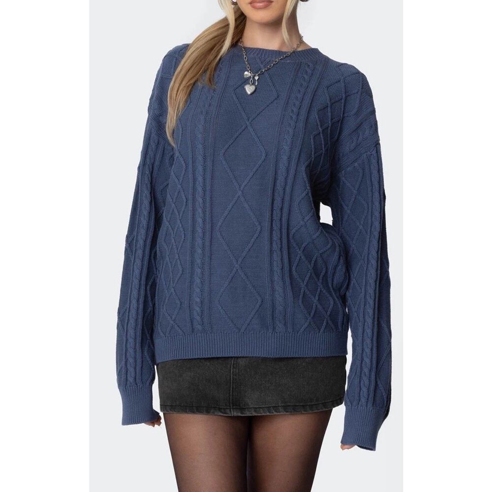 Edikted NWT Jessy Cable Knit Oversized Sweater Blue Size Small New